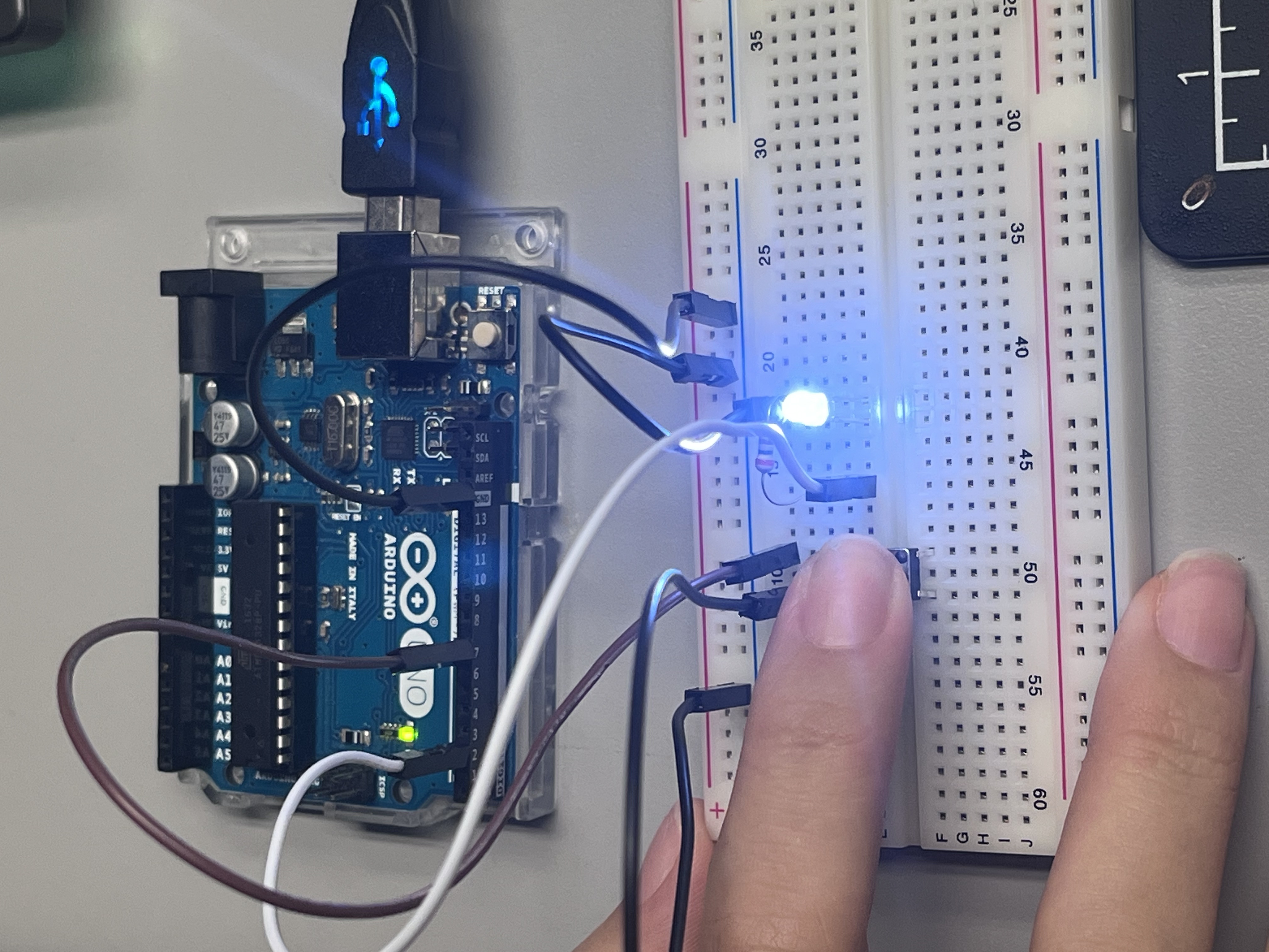 A push button was integrated into the circuit; pressing it completes the circuit and turns on the LED. When I pressed the button, the LED instantly illuminated; releasing it turned the light off.
      