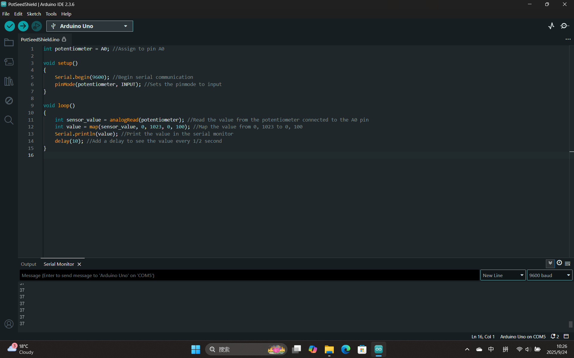 A potentiometer was added and programmed in Arduino IDE to send analog readings that adjust the temperature dial in ProtoPie. Turning the potentiometer updated the value on the serial monitor and simultaneously affected the dial’s visual rotation in ProtoPie.